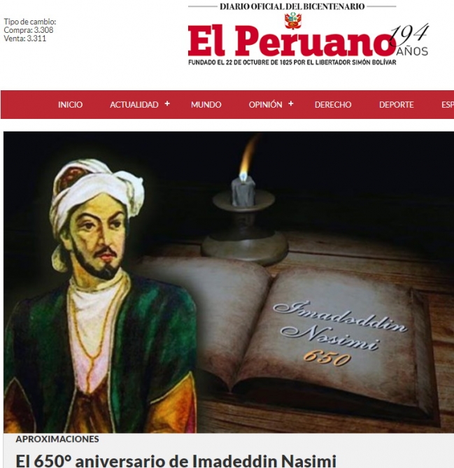 El Peruano newspaper publishes article about Imadaddin Nasimi