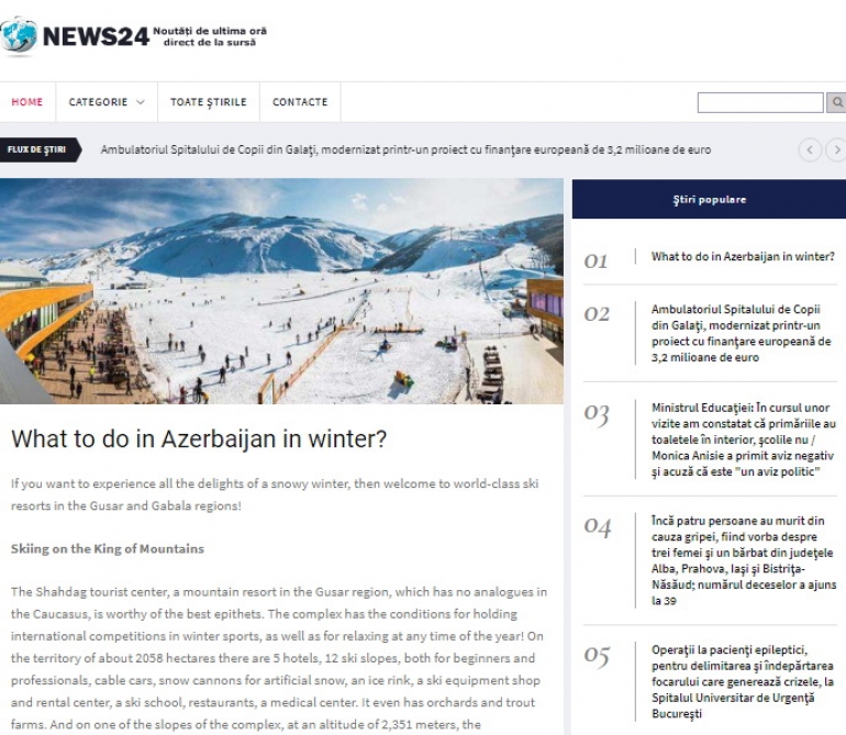 Romanian News24hours portal highlights Azerbaijan`s winter tourism potential