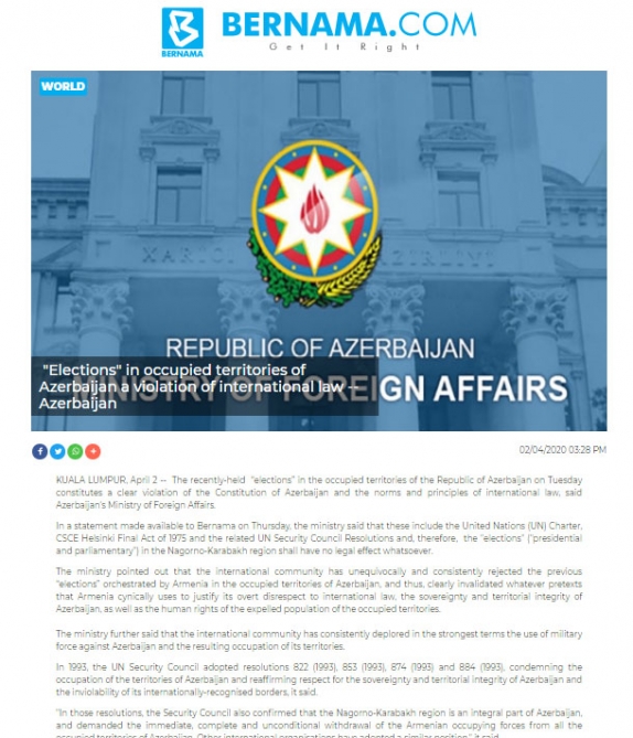 BERNAMA: Elections in occupied territories of Azerbaijan a violation of international law-Azerbaijan