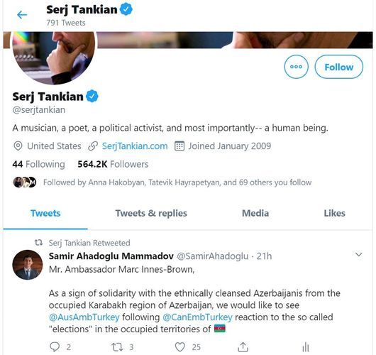 Famous American musician of Armenian origin supports appeal of Azerbaijani Community of Nagorno Karabakh