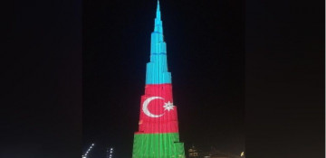 World's tallest building Burj Khalifa lit up with colors of Azerbaijan flag