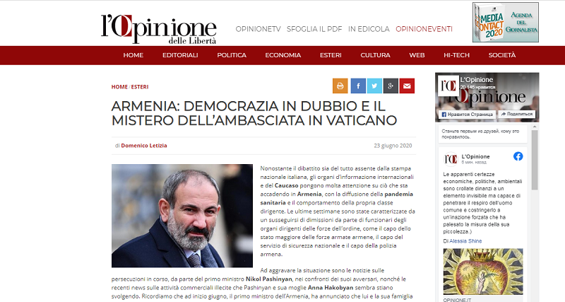 Article exposing the true nature of the Pashinyan regime published in Italian press