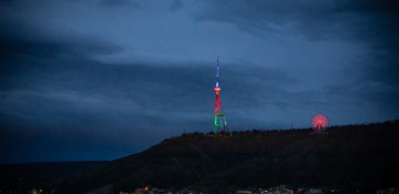 Tbilisi TV Tower illuminated in Azerbaijani flag colors