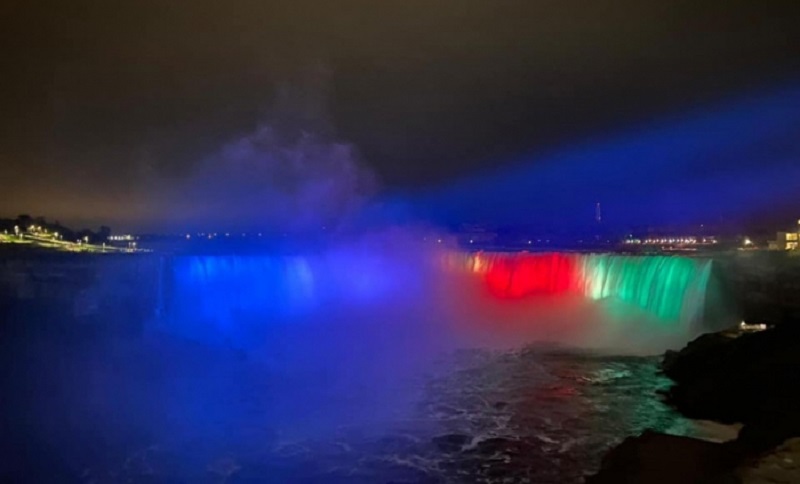 Niagara Falls illuminated in colors of Azerbaijani flag