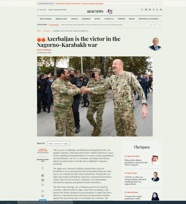 ARAB News: Azerbaijan is the victor in the Nagorno-Karabakh war