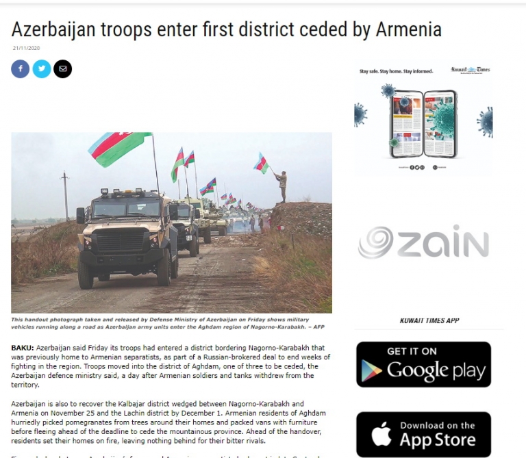 Kuwait Times: Azerbaijan troops enter first district ceded by Armenia