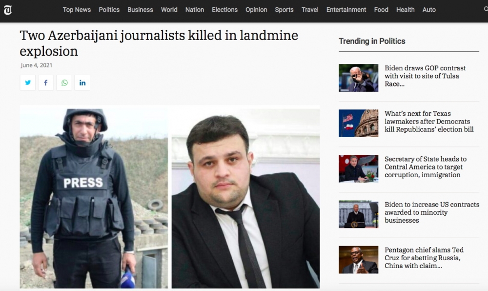 The USA Tribune: Two Azerbaijani journalists killed in landmine explosion