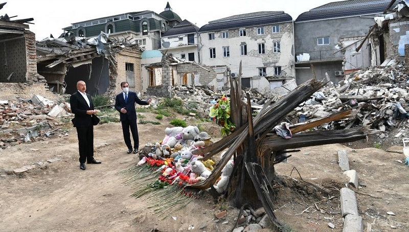 President Ilham Aliyev views crime scenes caused by Armenia's missile attacks on Ganja