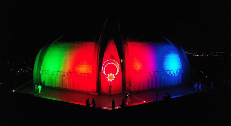 Pakistan Monument lip up in colors of Azerbaijan's National Flag