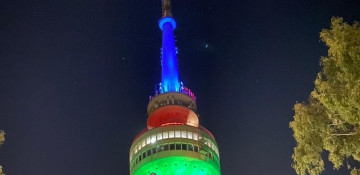 Canberra's iconic Telstra Tower lit up with colors of Azerbaijani flag