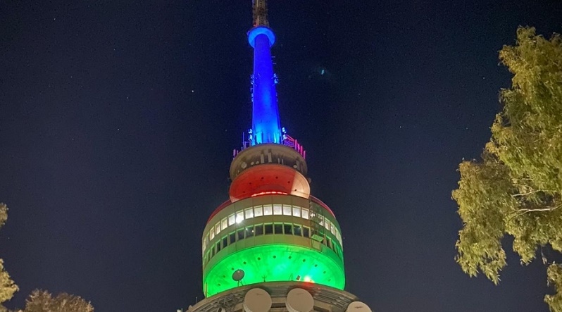 Canberra's iconic Telstra Tower lit up with colors of Azerbaijani flag