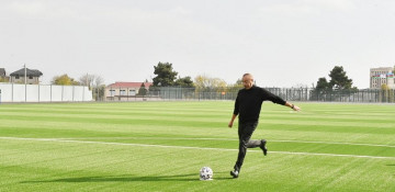 President Ilham Aliyev hits goal at opening of Shamakhi city stadium (PHOTO)