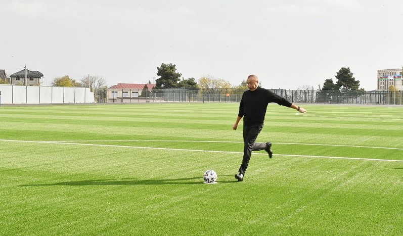 President Ilham Aliyev hits goal at opening of Shamakhi city stadium (PHOTO)