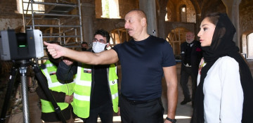 President Ilham Aliyev and First Lady Mehriban Aliyeva view restoration works in Ashaghi Govhar Agha Mosque in Shusha