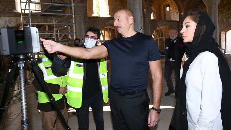 President Ilham Aliyev and First Lady Mehriban Aliyeva view restoration works in Ashaghi Govhar Agha Mosque in Shusha