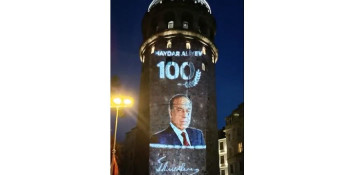 Photo of Heydar Aliyev projected onto Galata Tower in Istanbul