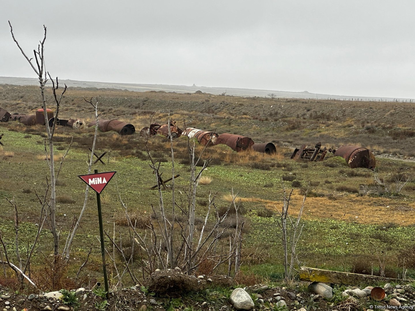 Anti-tank cut, metal spikes, razor wire, mine areas - View of Azerbaijan's Aghdara