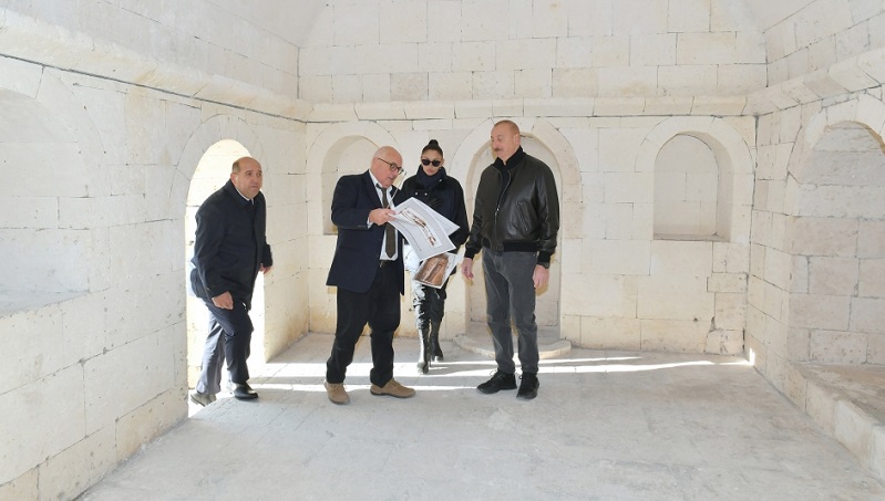 Azerbaijani President and First Lady view ongoing repair and restoration works at Imarat Complex in Aghdam