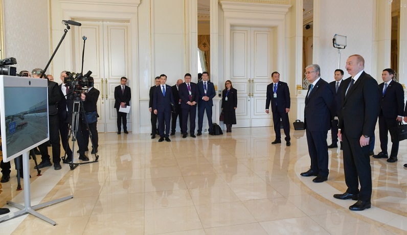 Presidents of Azerbaijan and Kazakhstan watch ceremony marking arrival of container train from China's Xi'an terminal to Baku's Absheron station via a video link