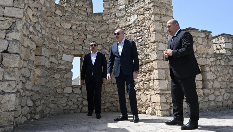 Presidents of Azerbaijan and Kyrgyzstan tour Shahbulag Castle in Aghdam